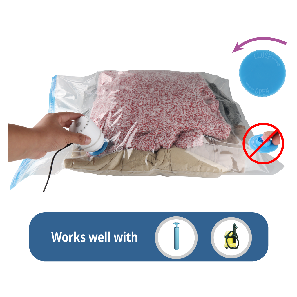 Remove the cap and use the pump to extract the excess air from the bag through the valve.
